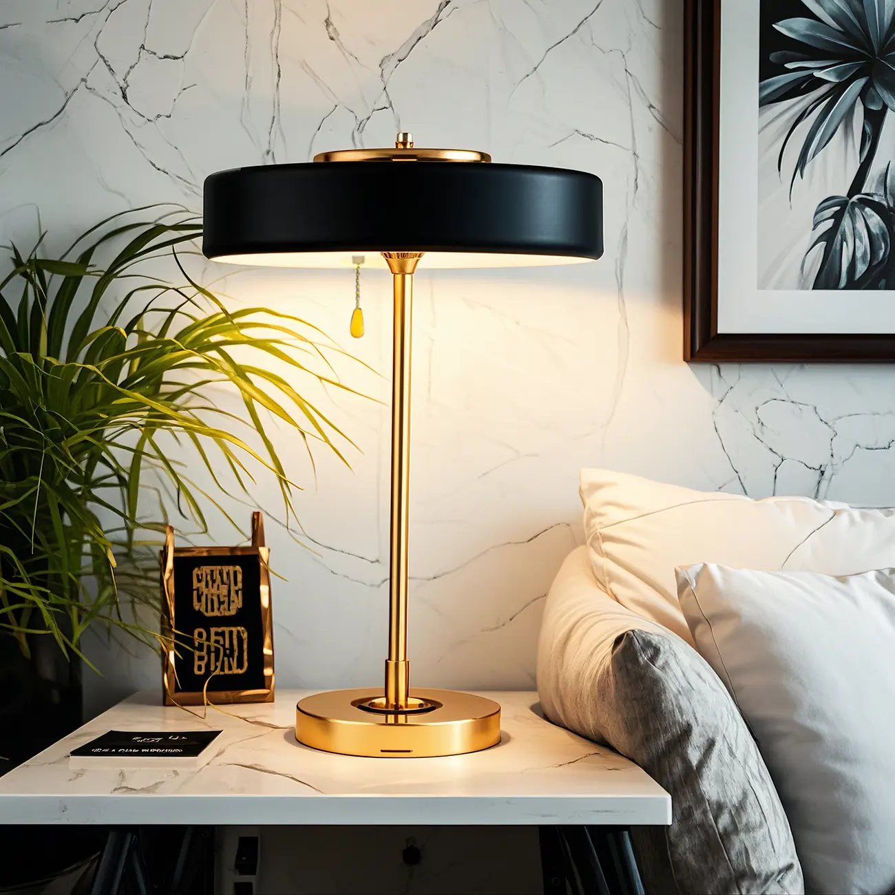 Gold Geometric Bedside Lamp with Pull Chain Switch Image - 1 | homeyfad