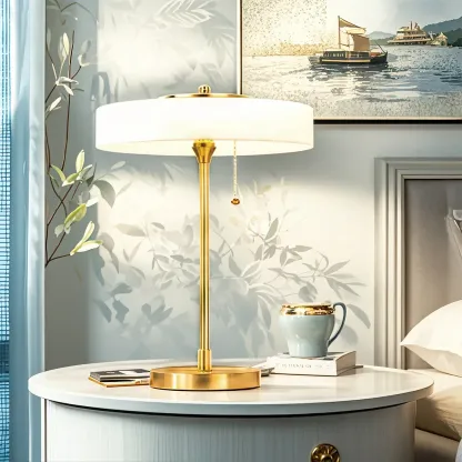 Gold Geometric Bedside Lamp with Pull Chain Switch Image - 2