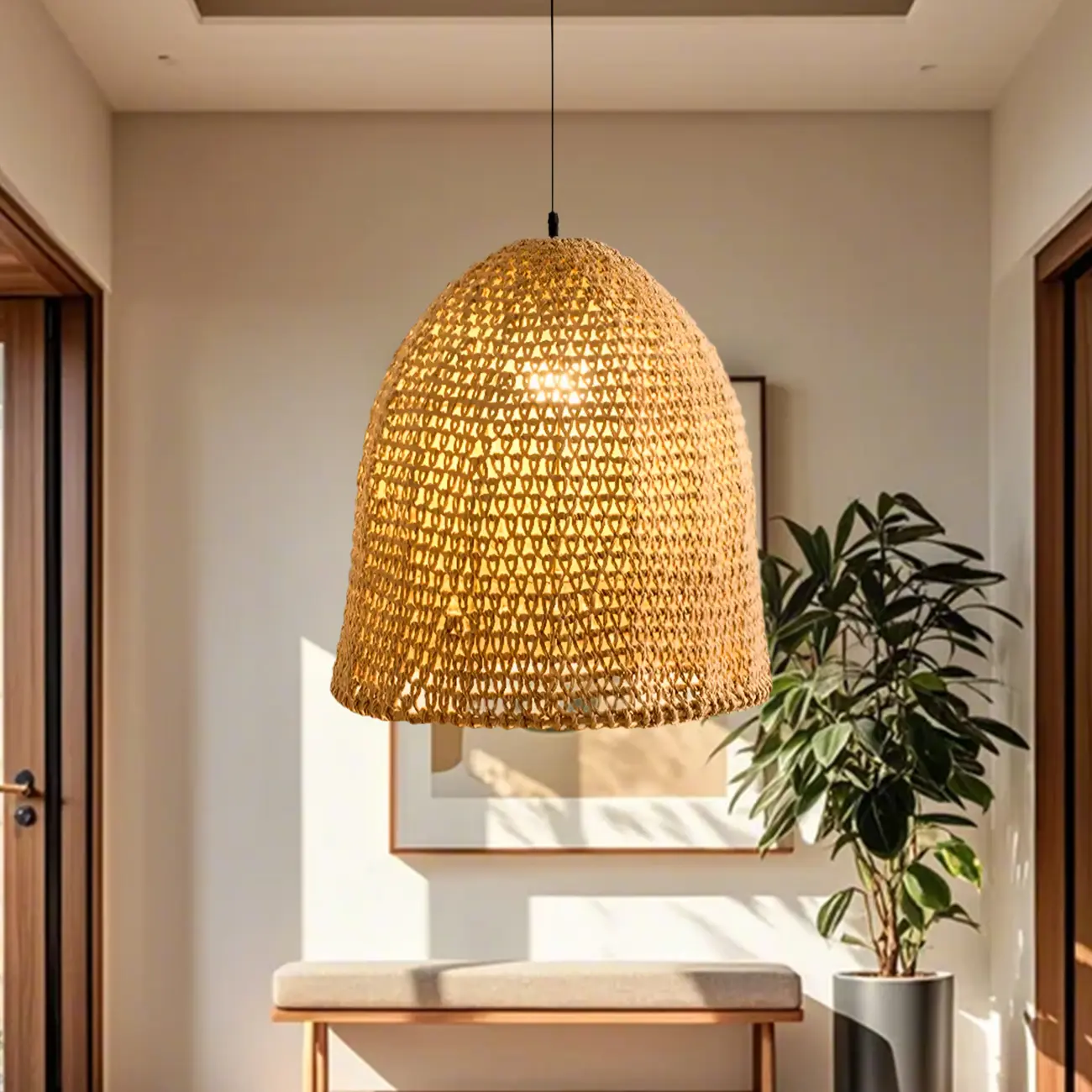 Country Style Rattan Cage Shaped Pendant Light for Living Room Image - 4 | homeyfad
