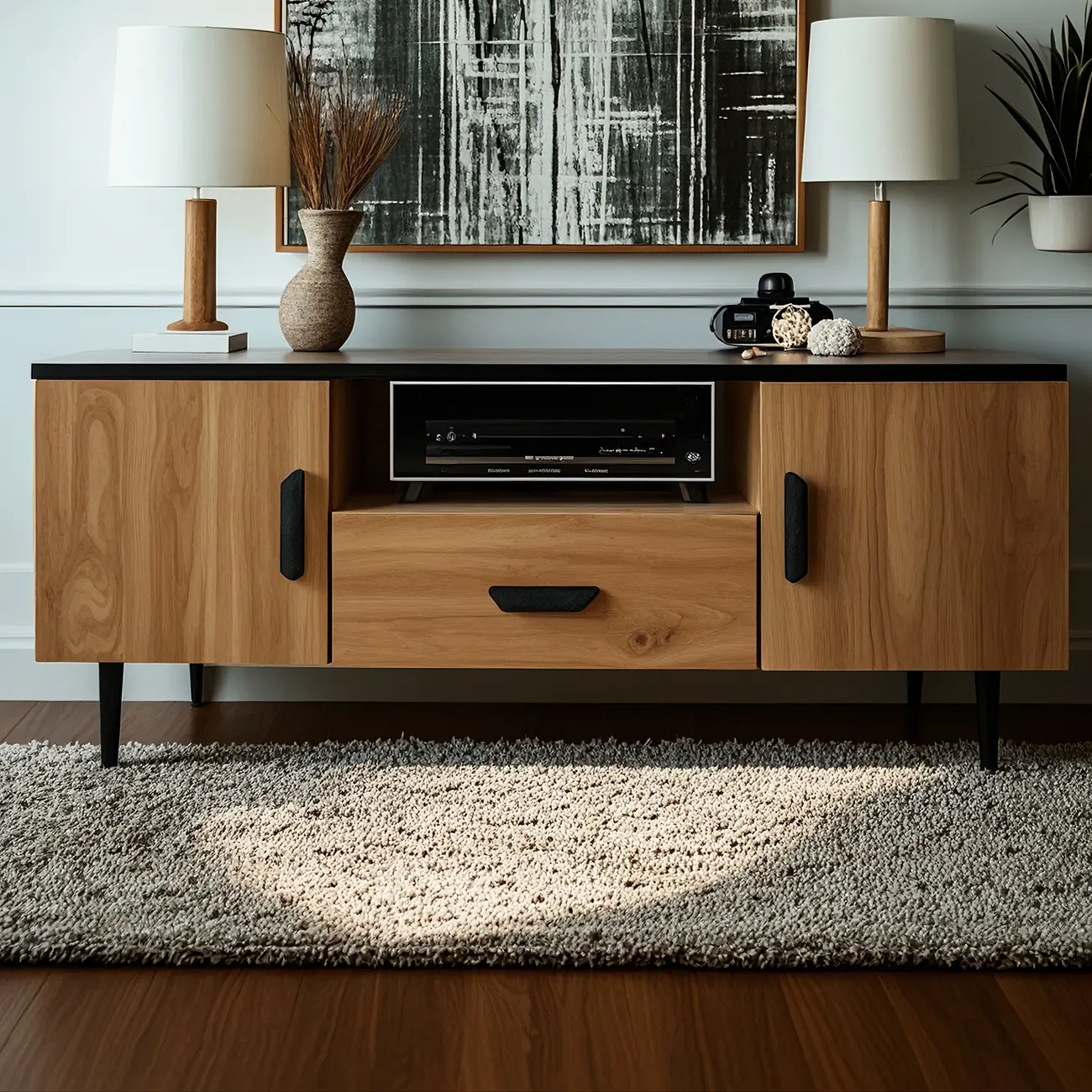 Vintage Wooden TV Stand with Storage Doors for Living Room Image - 1 | homeyfad