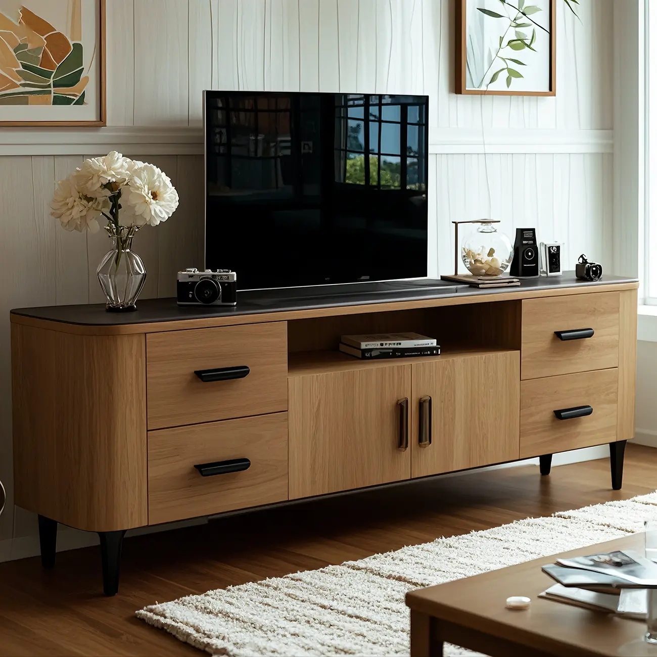 Vintage Wooden TV Stand with Storage Doors for Living Room Image - 2 | homeyfad