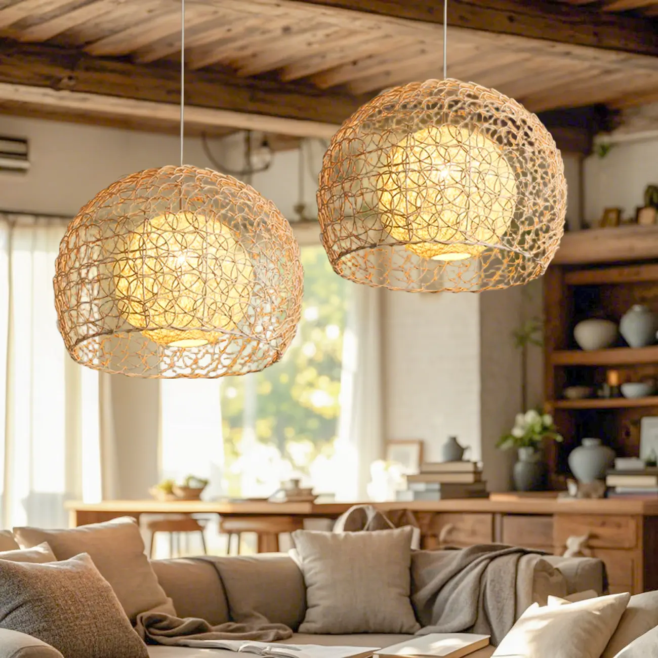 Japanese Rattan Round Lantern Pendant Light for Dining Room Image - 1 | homeyfad