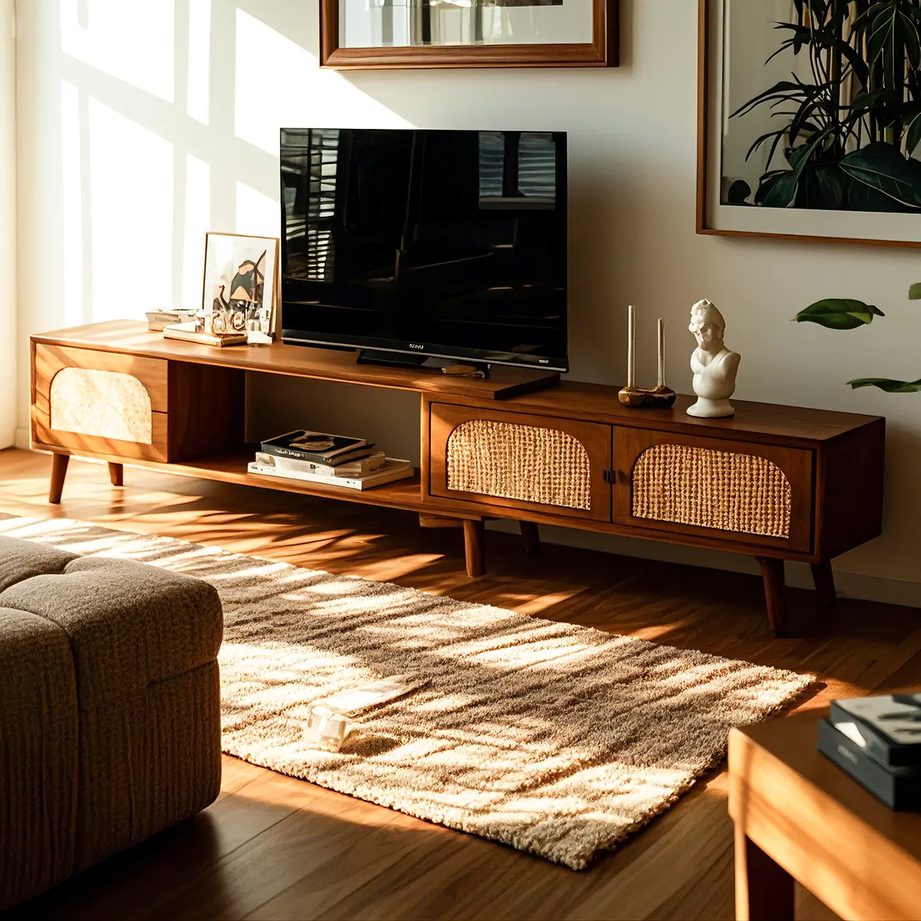 Retro Wooden TV Stand with Storage Cabinets and Shelves Image - 1 | homeyfad