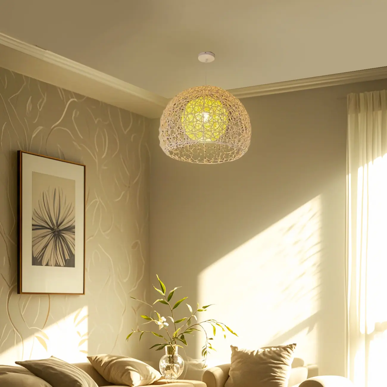 Japanese Rattan Round Lantern Pendant Light for Dining Room Image - 4 | homeyfad