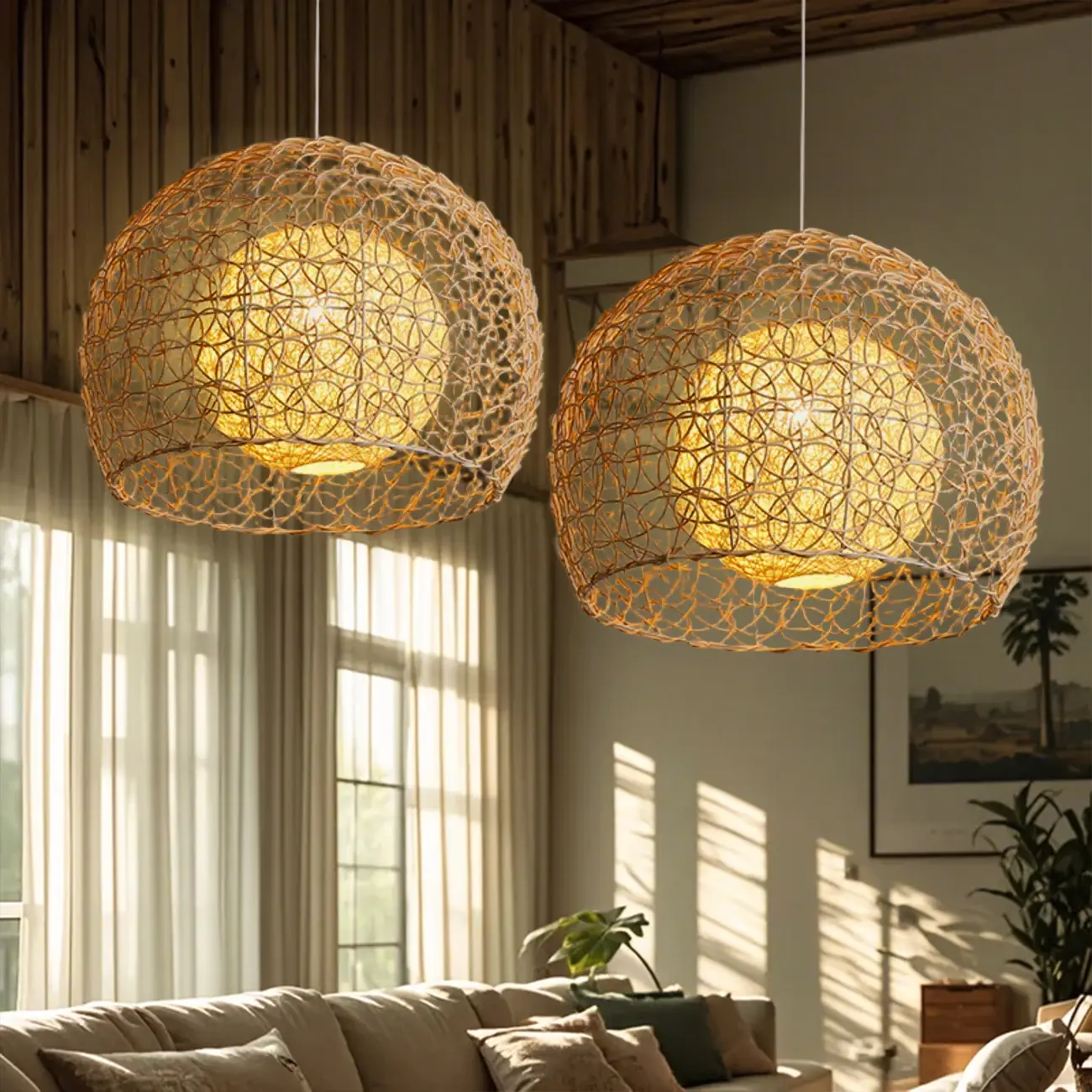 Japanese Rattan Round Lantern Pendant Light for Dining Room Image - 6 | homeyfad