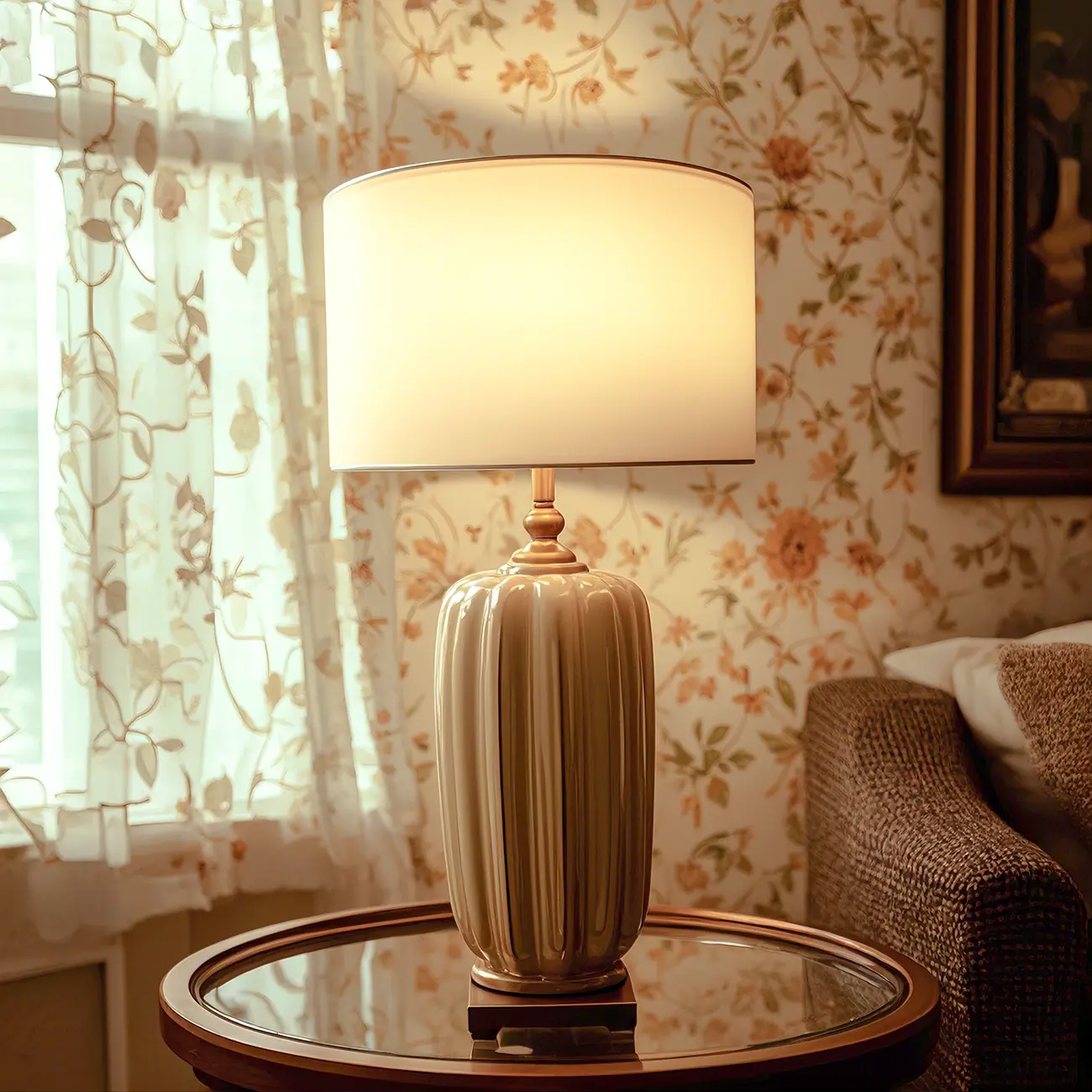 Brown Ceramic Geometric Table Lamp for Living Room Image - 1 | homeyfad