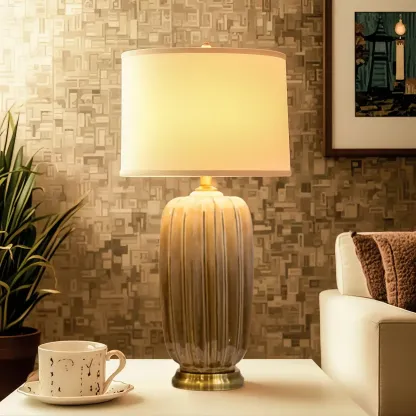 Brown Ceramic Geometric Table Lamp for Living Room Image - 2