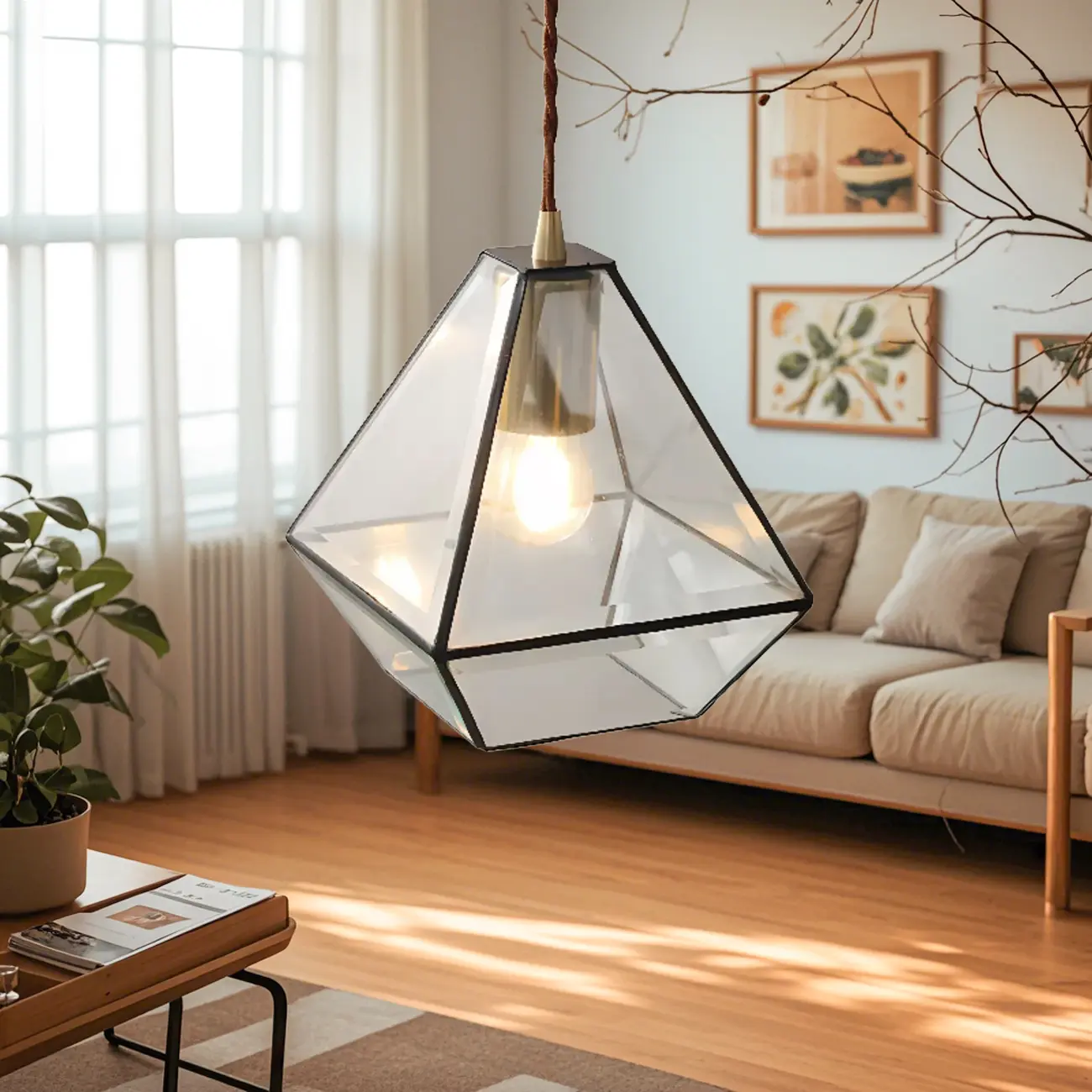 Modern Diamond Shape Glass Pendant Light for Living Room Image - 2 | homeyfad