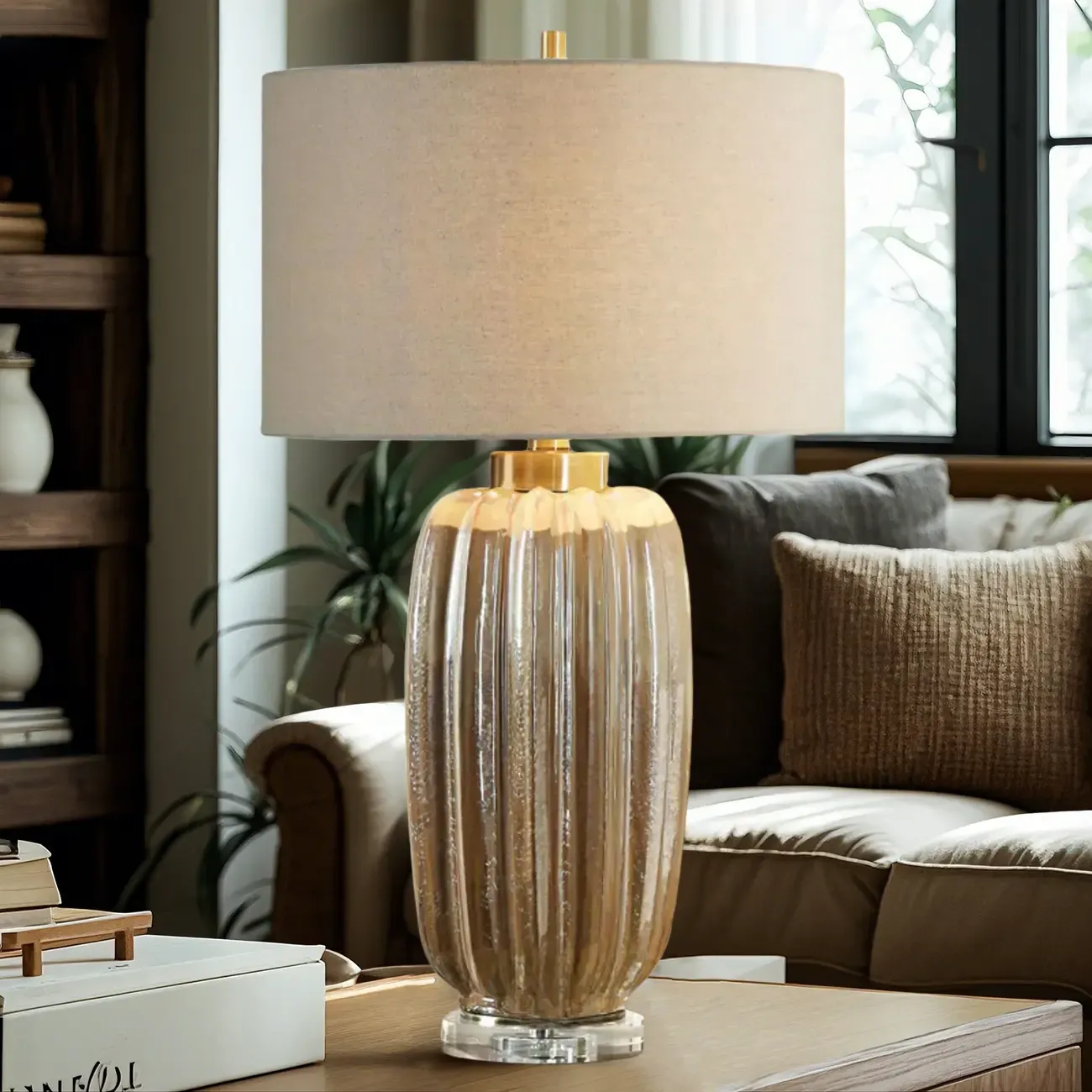 Brown Ceramic Geometric Table Lamp for Living Room Image - 3