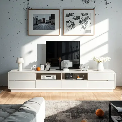 Minimalist White Wooden TV Stand with Open Storage and Drawers Image - 1