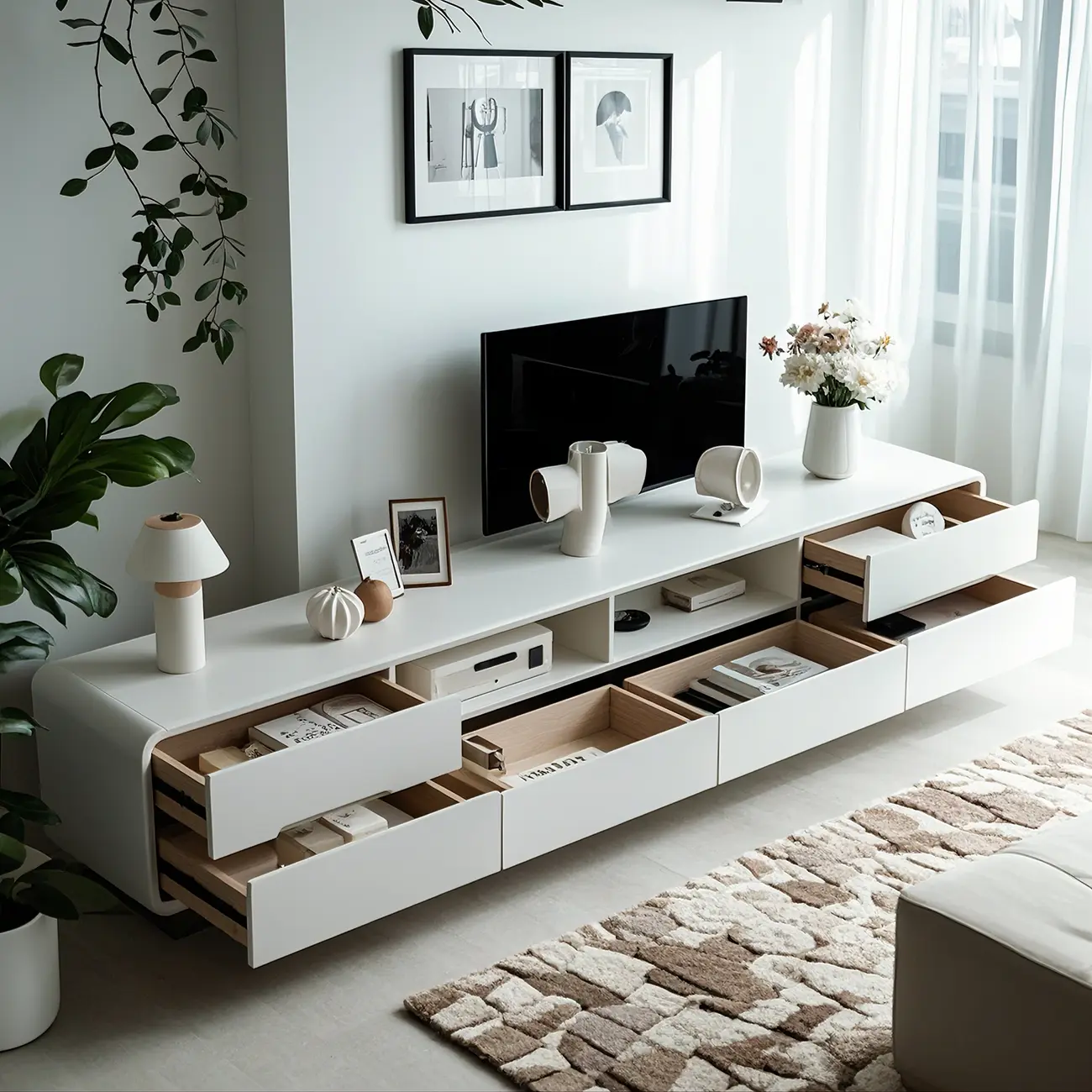 Minimalist White Wooden TV Stand with Open Storage and Drawers Image - 3 | homeyfad