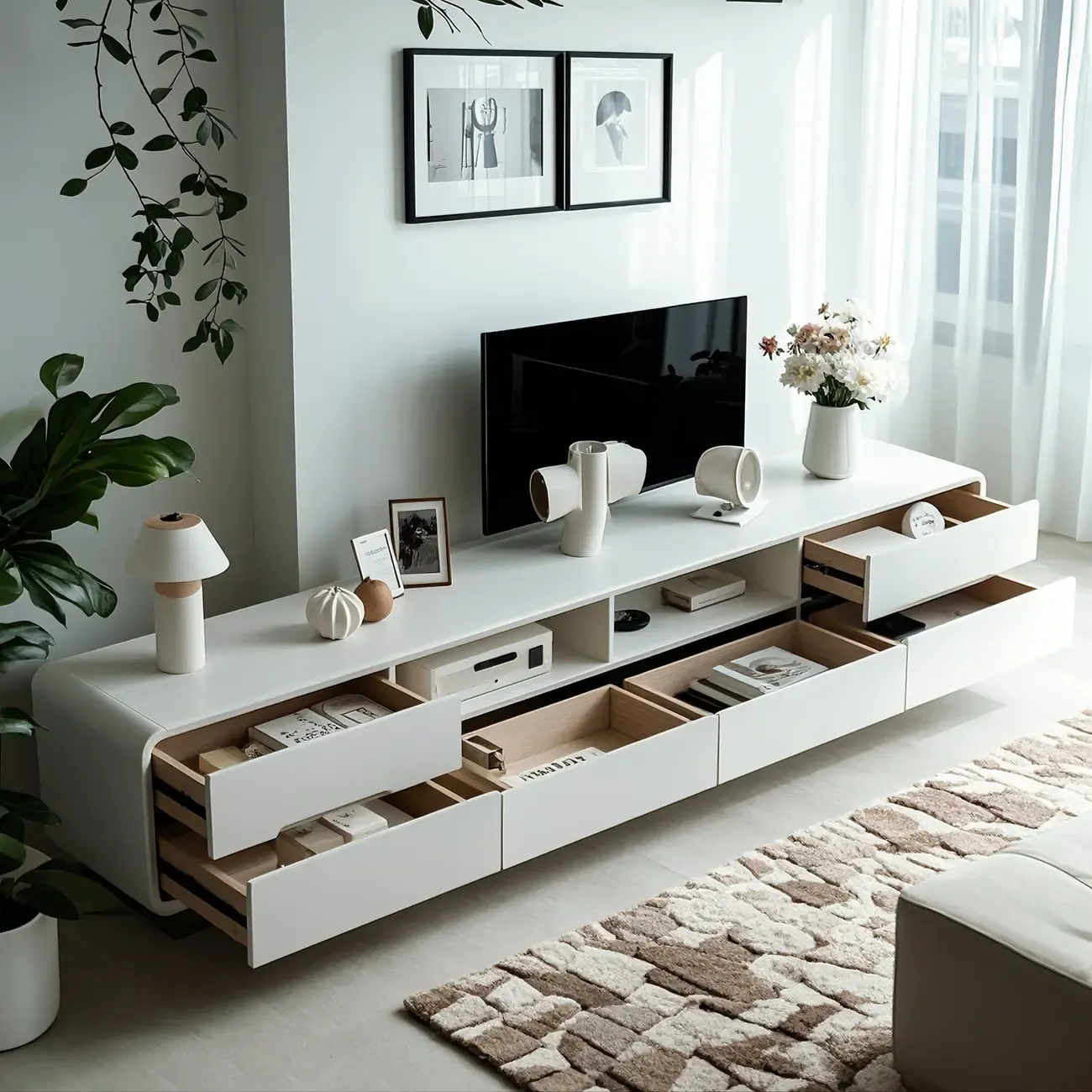 Minimalist White Wooden TV Stand with Open Storage and Drawers Image - 3