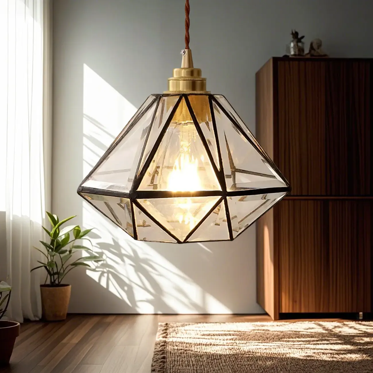 Modern Diamond Shape Glass Pendant Light for Living Room Image - 6