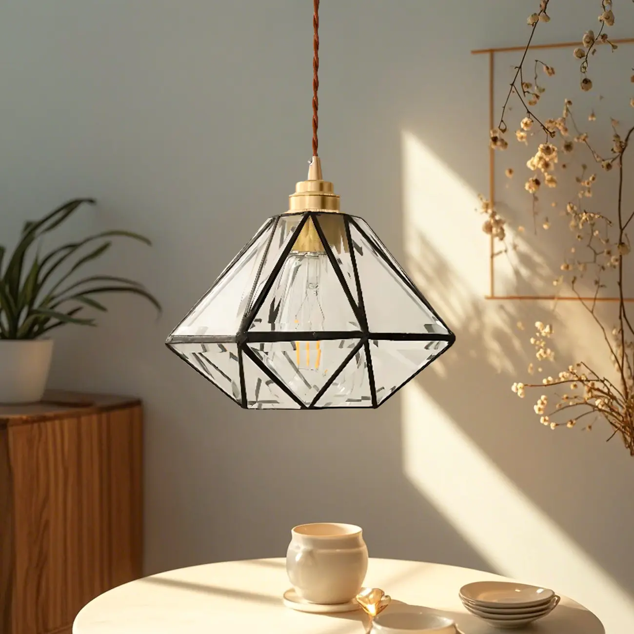 Modern Diamond Shape Glass Pendant Light for Living Room Image - 3 | homeyfad