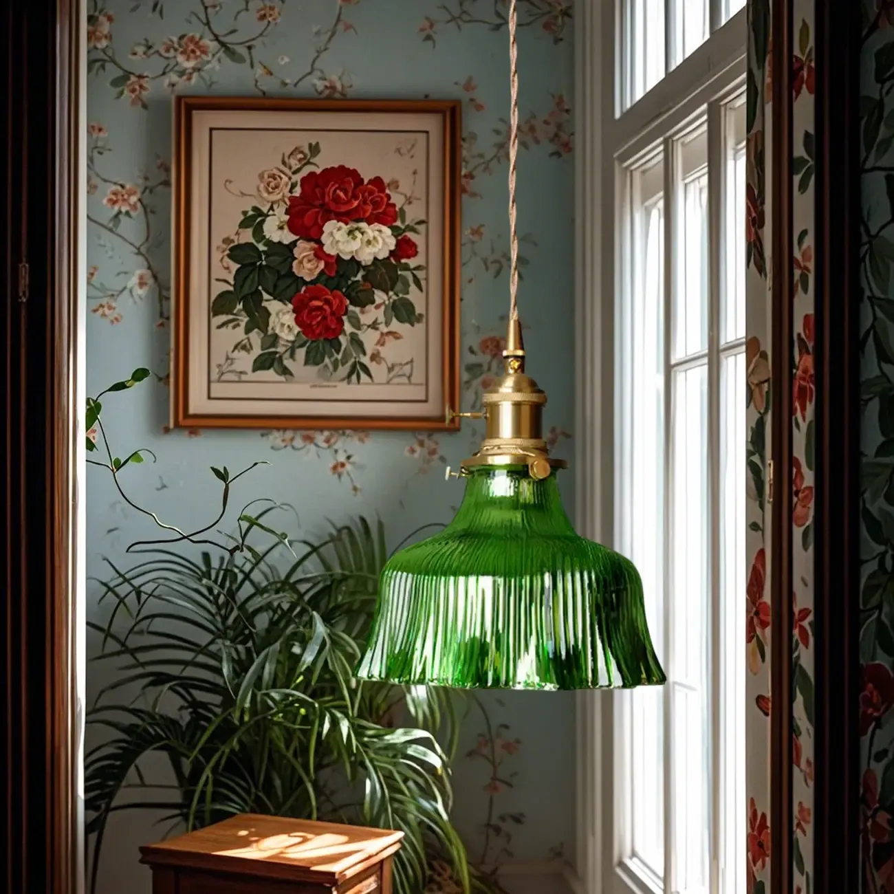 Vintage Green Stained Glass Pendant Light for Living Room Image - 3