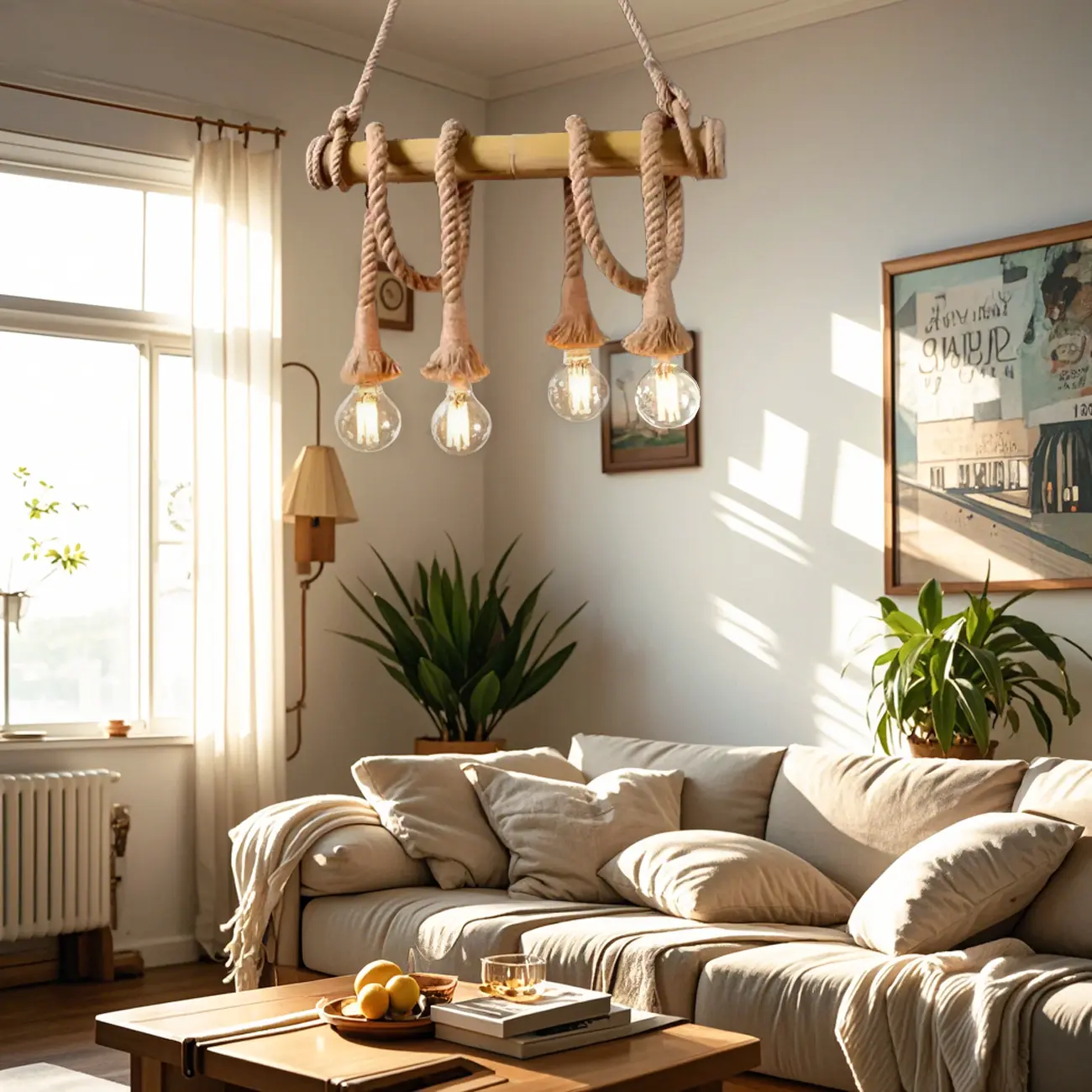 Rustic Rope Island Light with LED Bulb Design Image - 2 | homeyfad