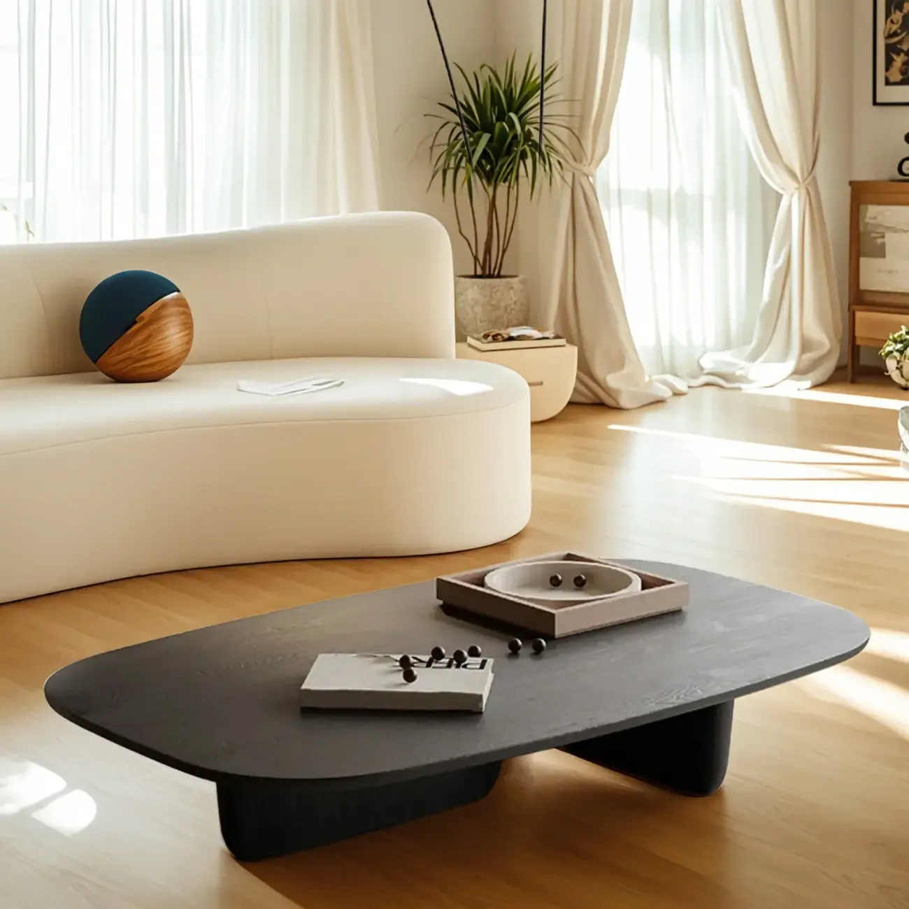 14 in Modern Black Oval Coffee Table with Double Pedestal Image - 1
