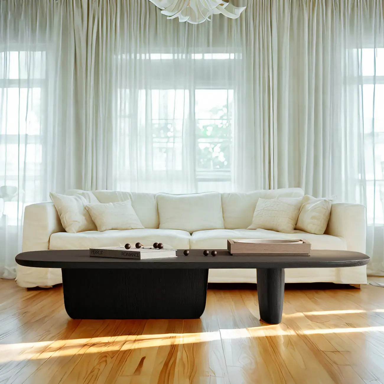 14 in Modern Black Oval Coffee Table with Double Pedestal Image - 2 | homeyfad