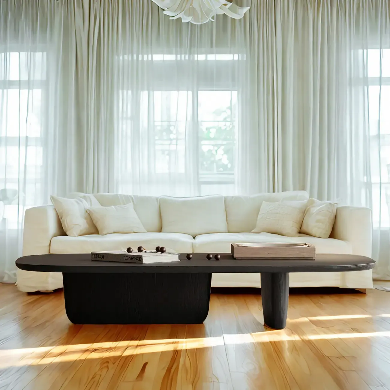 14 in Modern Black Oval Coffee Table with Double Pedestal Image - 2