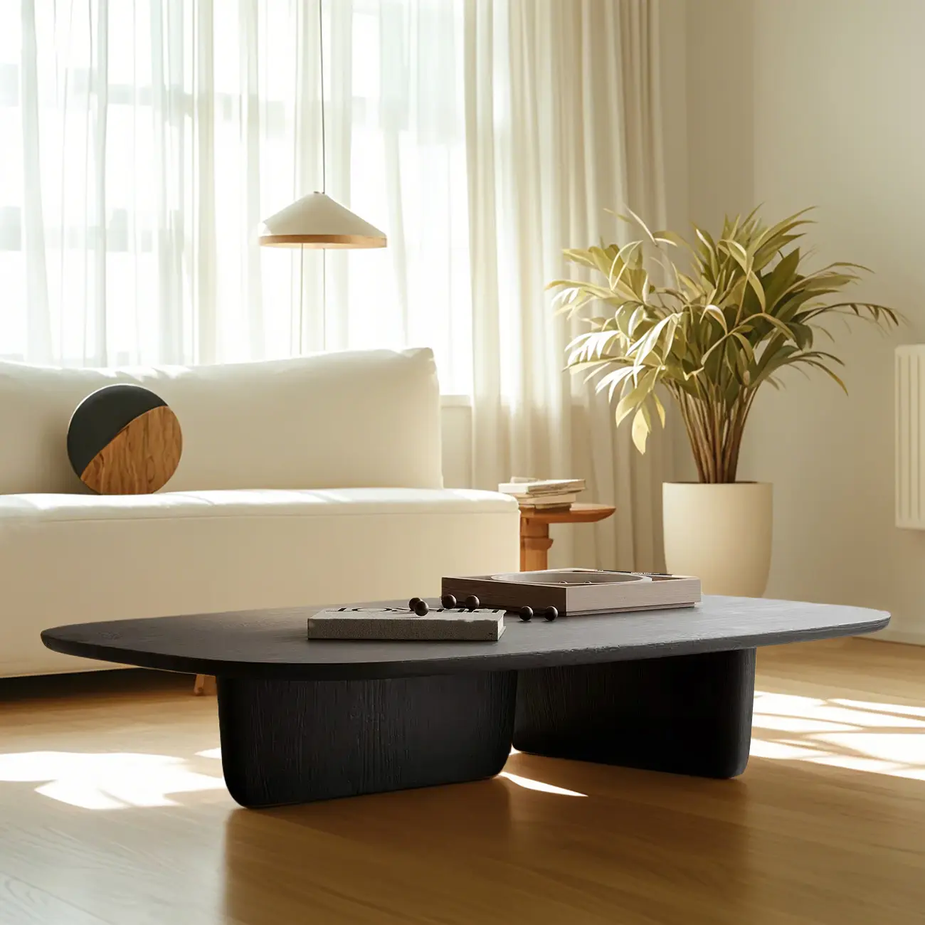 14 in Modern Black Oval Coffee Table with Double Pedestal Image - 3 | homeyfad