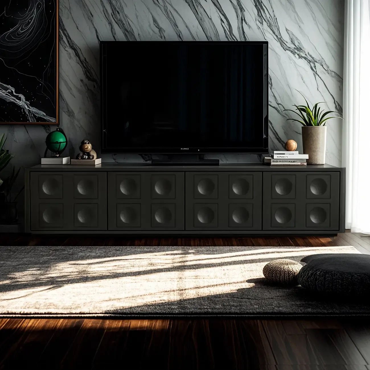 Elegant Stone Rectangular TV Stand with Shelves for Living Room Image - 1