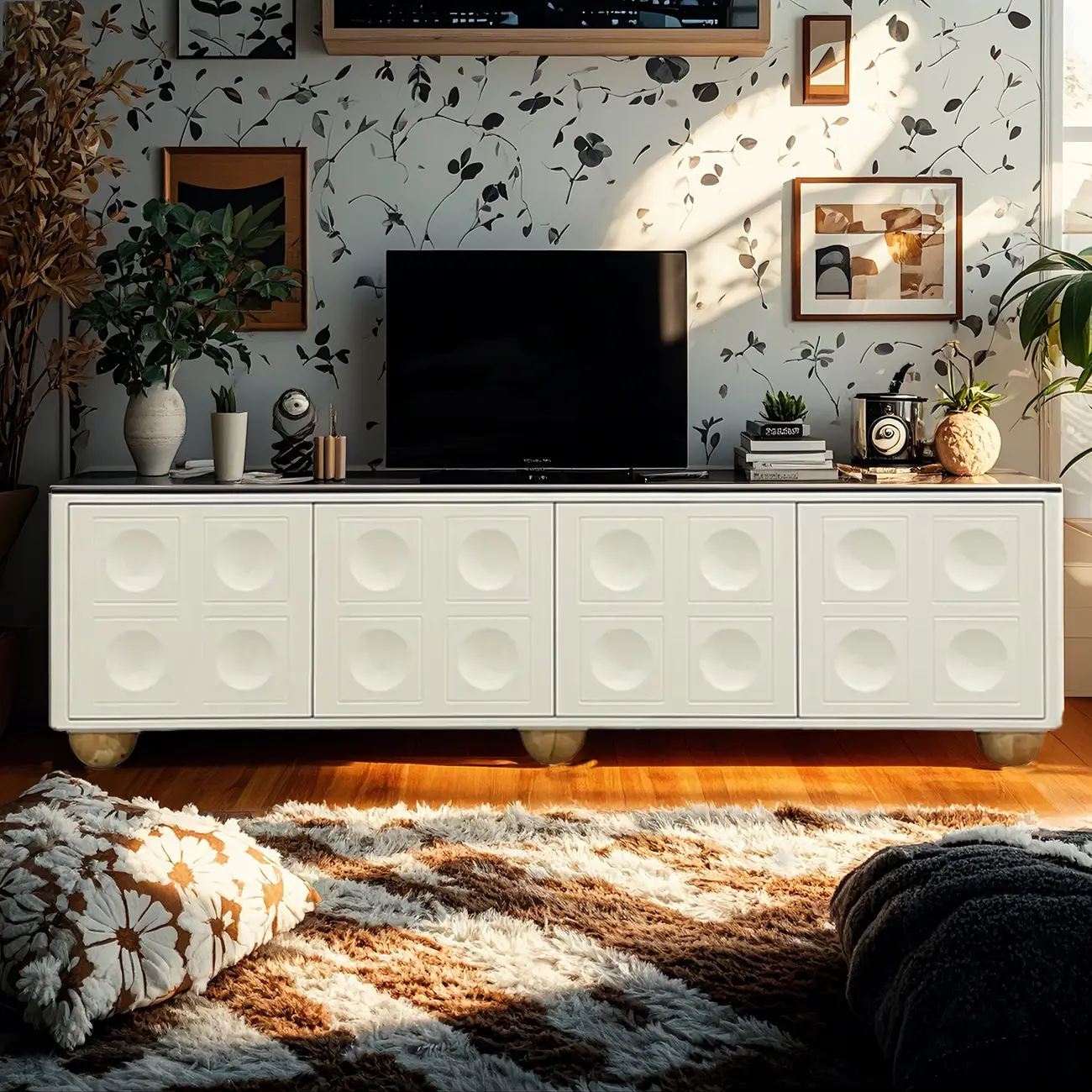 Elegant Stone Rectangular TV Stand with Shelves for Living Room Image - 2 | homeyfad