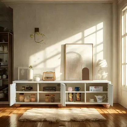 Elegant Stone Rectangular TV Stand with Shelves for Living Room Image - 3