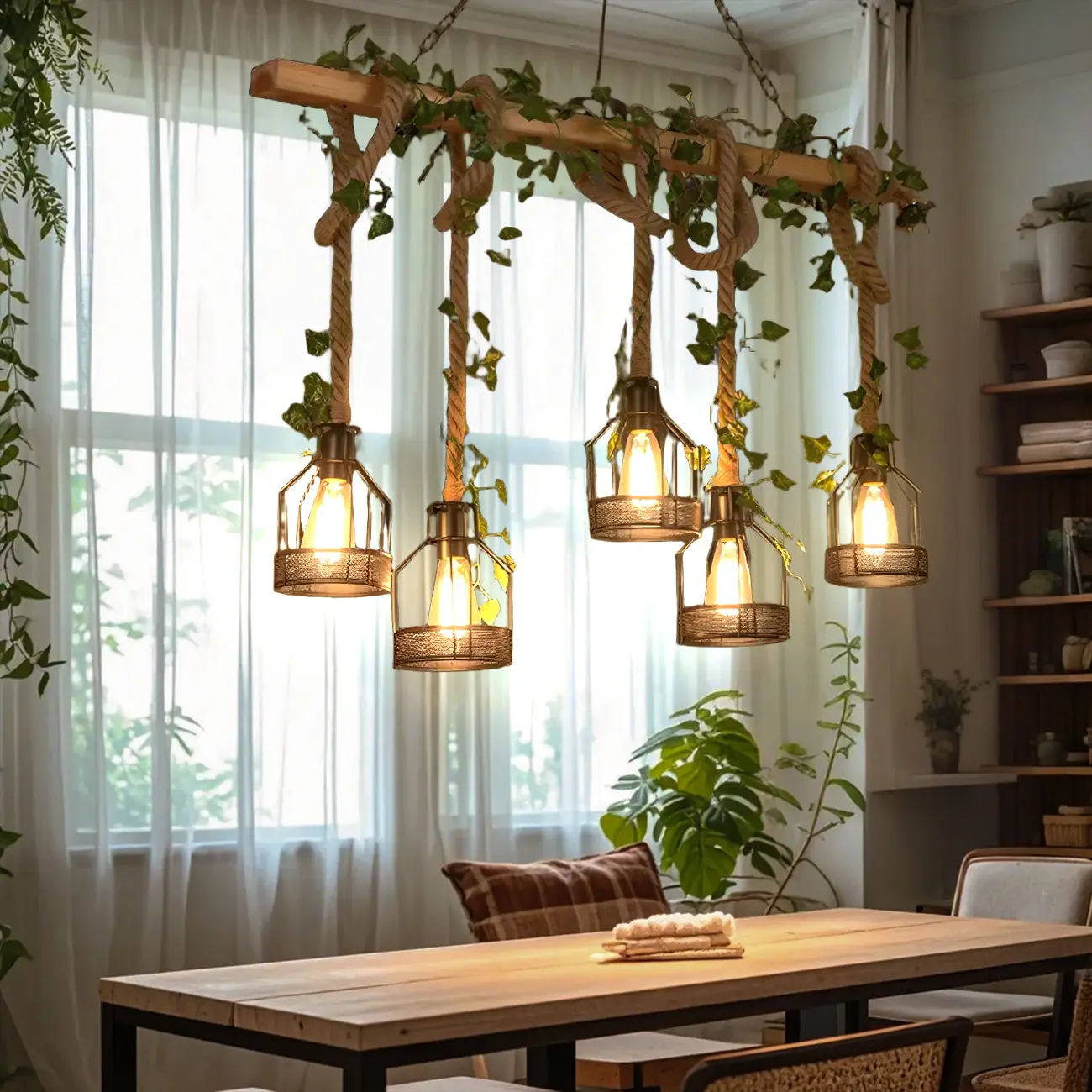 Rustic Wood Beam Rope Island Pendant Light for Kitchen Image - 1 | homeyfad