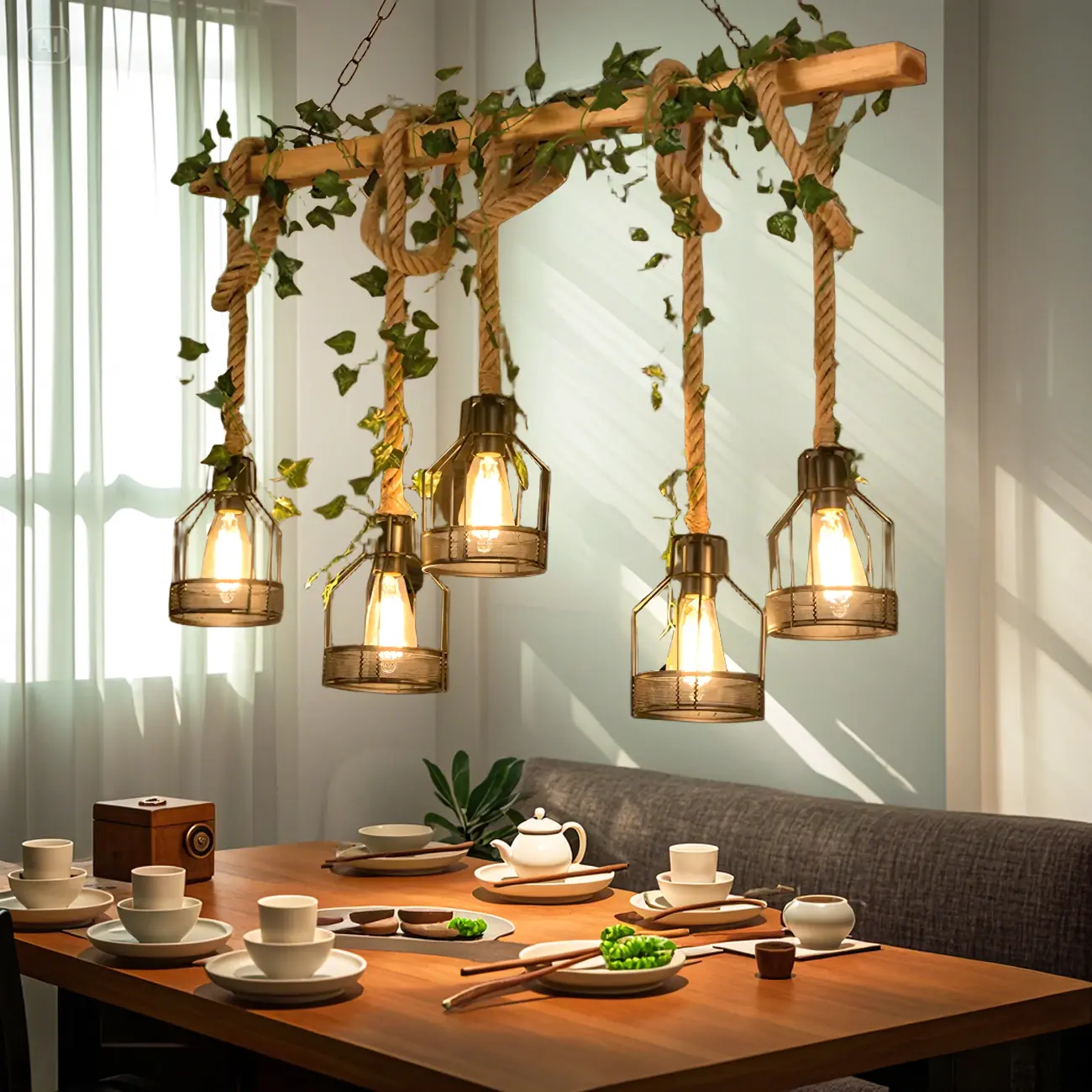Rustic Wood Beam Rope Island Pendant Light for Kitchen Image - 2 | homeyfad