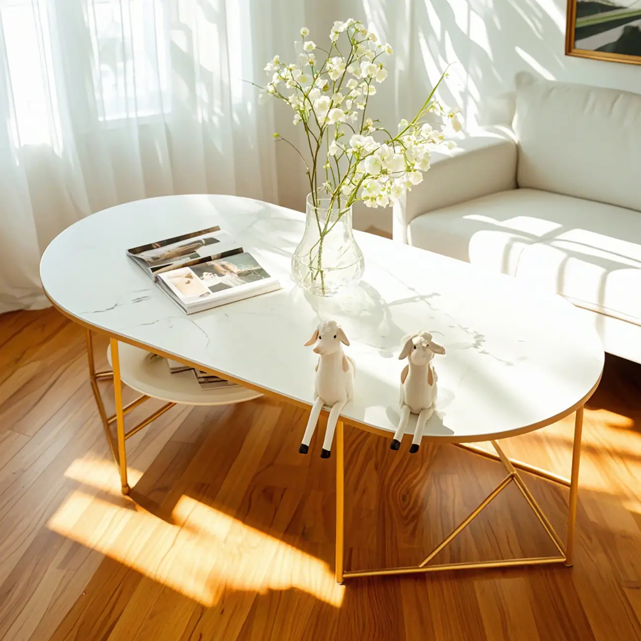 Modern Oval Marble Coffee Table with Gold Frame for Living Room Image - 1 | homeyfad