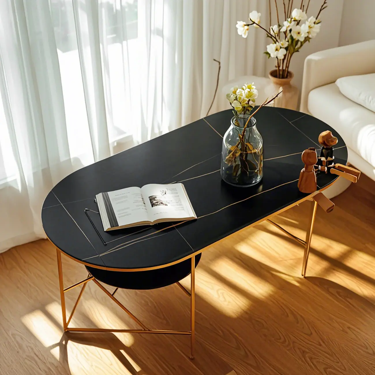 Modern Oval Marble Coffee Table with Gold Frame for Living Room Image - 2 | homeyfad