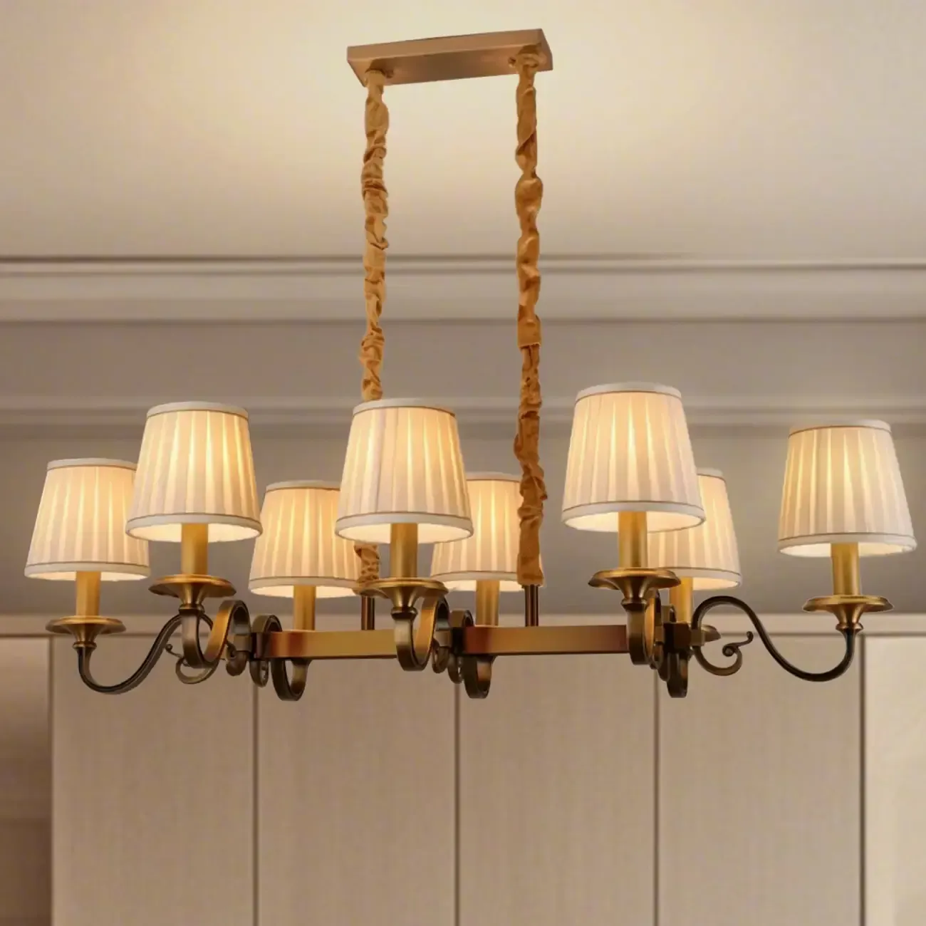 Adjustable Modern Gold Fabric Shade Cylinder Chandelier Image - 2
