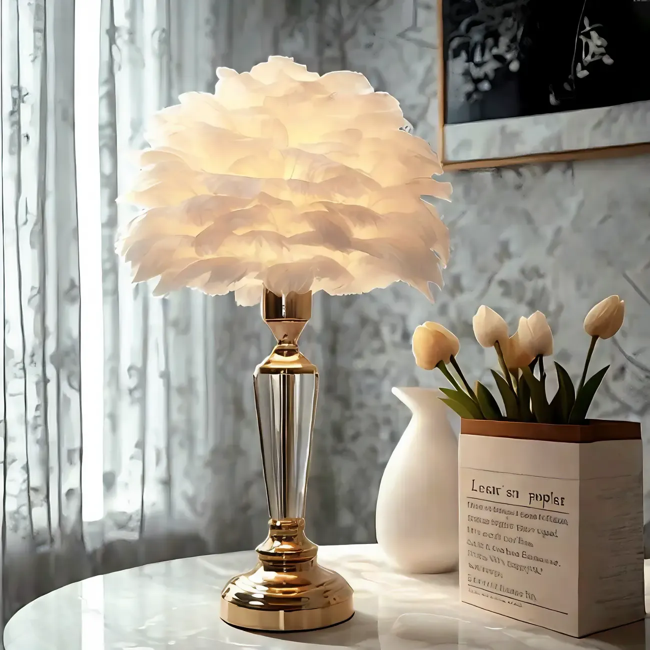 Elegant Pink Feather Shade Gold Crystal Bedside Table Lamp Image - 1