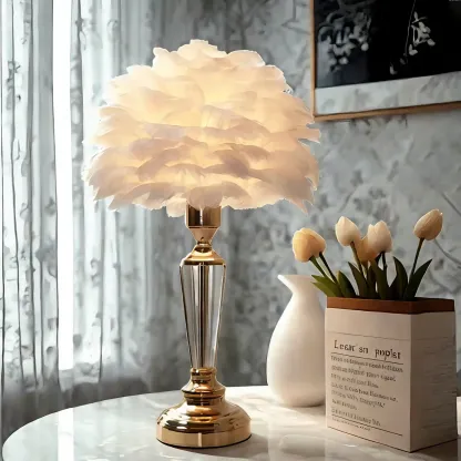 Elegant Pink Feather Shade Gold Crystal Bedside Table Lamp Image - 1