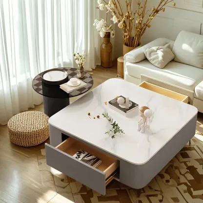Modern White Glass Square Coffee Table Set with 2-Drawer Image - 1