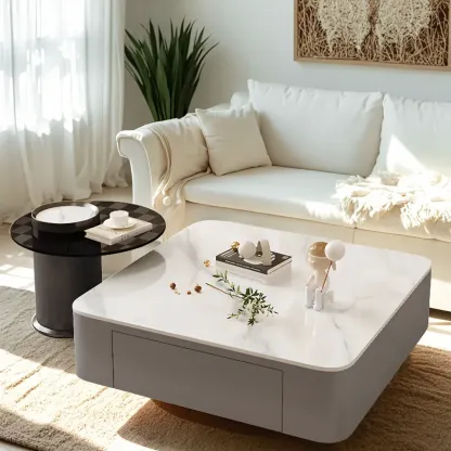 Modern White Glass Square Coffee Table Set with 2-Drawer Image - 4