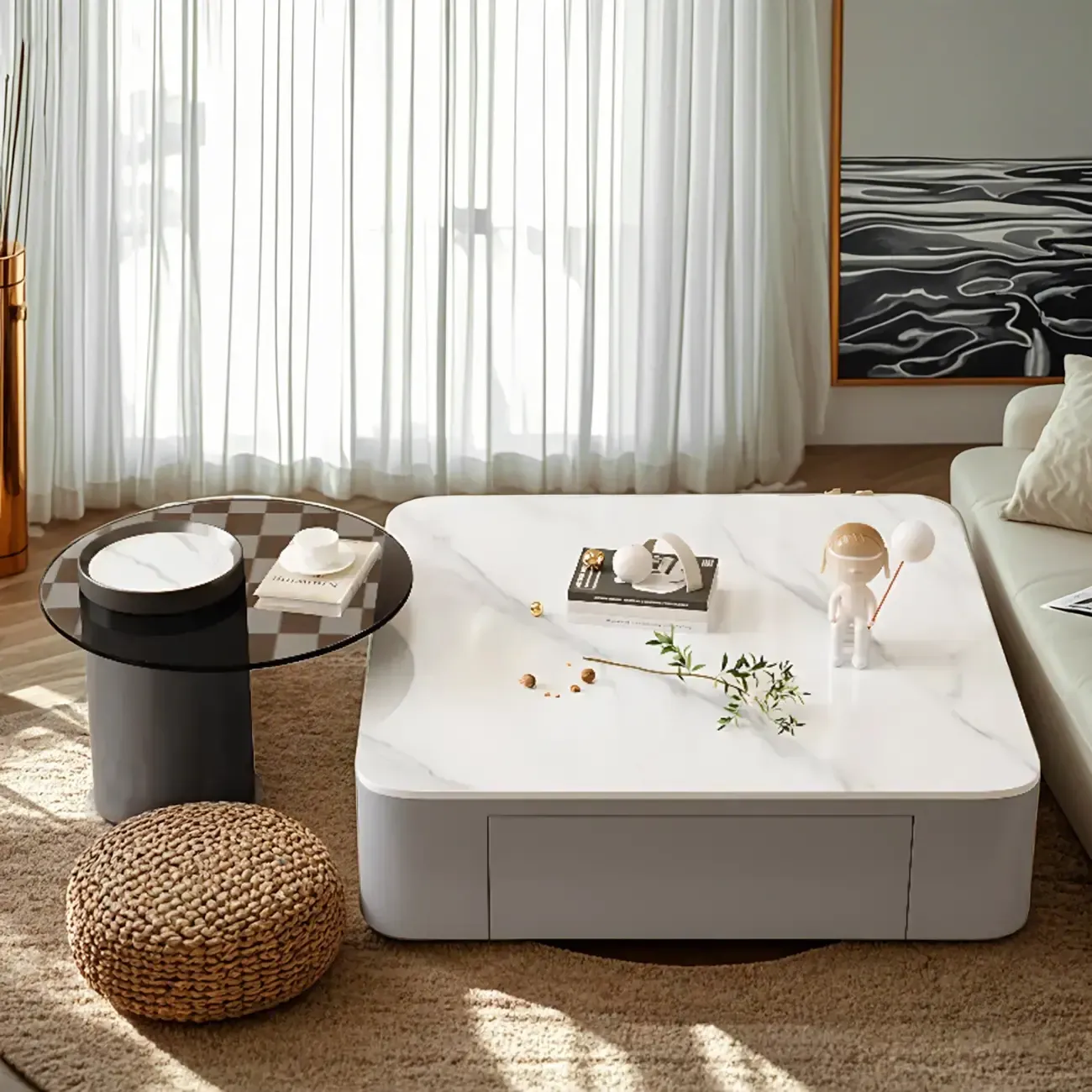Modern White Glass Square Coffee Table Set with 2-Drawer Image - 6