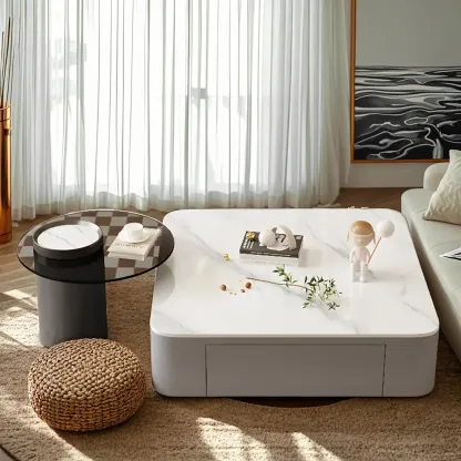 Modern White Glass Square Coffee Table Set with 2-Drawer Image - 6