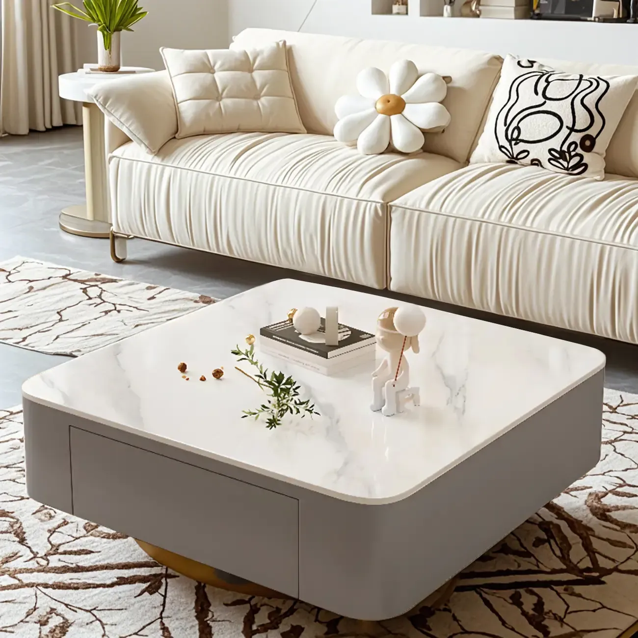 Modern White Glass Square Coffee Table Set with 2-Drawer Image - 8