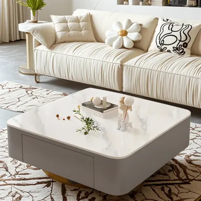 Modern White Glass Square Coffee Table Set with 2-Drawer Image - 8