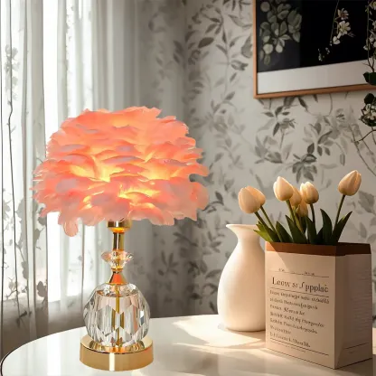 Elegant Pink Feather Shade Gold Crystal Bedside Table Lamp Image - 4