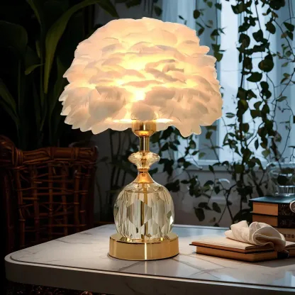 Elegant Pink Feather Shade Gold Crystal Bedside Table Lamp Image - 2