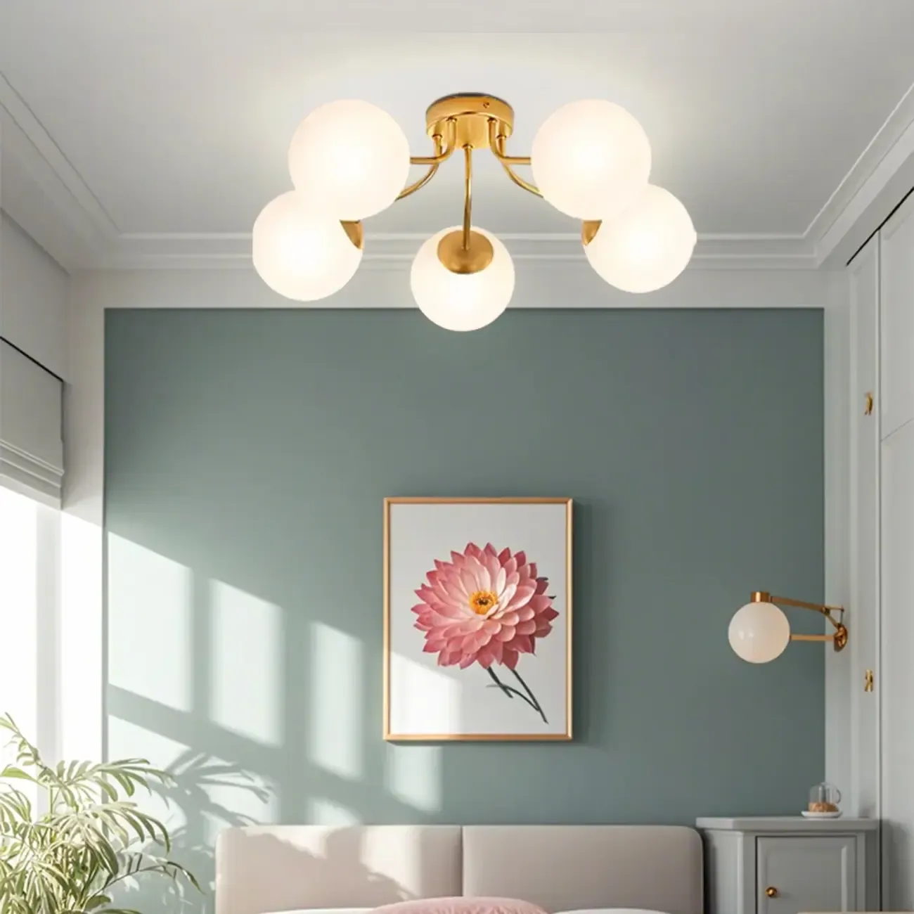 5-Light Globe Glass Modern Gold Semi Flush Ceiling Light Image - 1