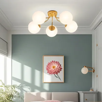 5-Light Globe Glass Modern Gold Semi Flush Ceiling Light Image - 1