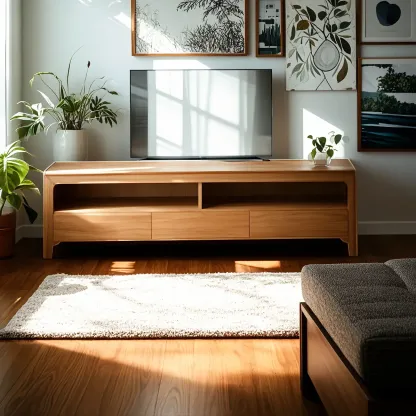 Rustic Natural Wooden TV Stand with Open Shelving and Drawers Image - 1