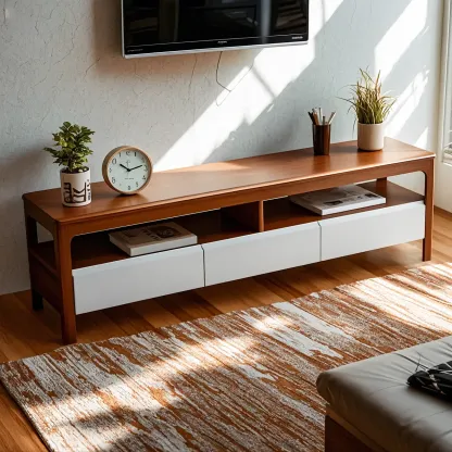 Rustic Natural Wooden TV Stand with Open Shelving and Drawers Image - 2