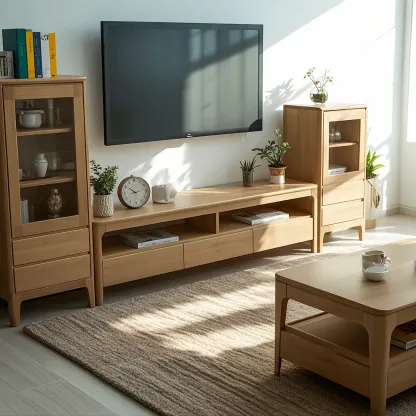 Rustic Natural Wooden TV Stand with Open Shelving and Drawers Image - 3
