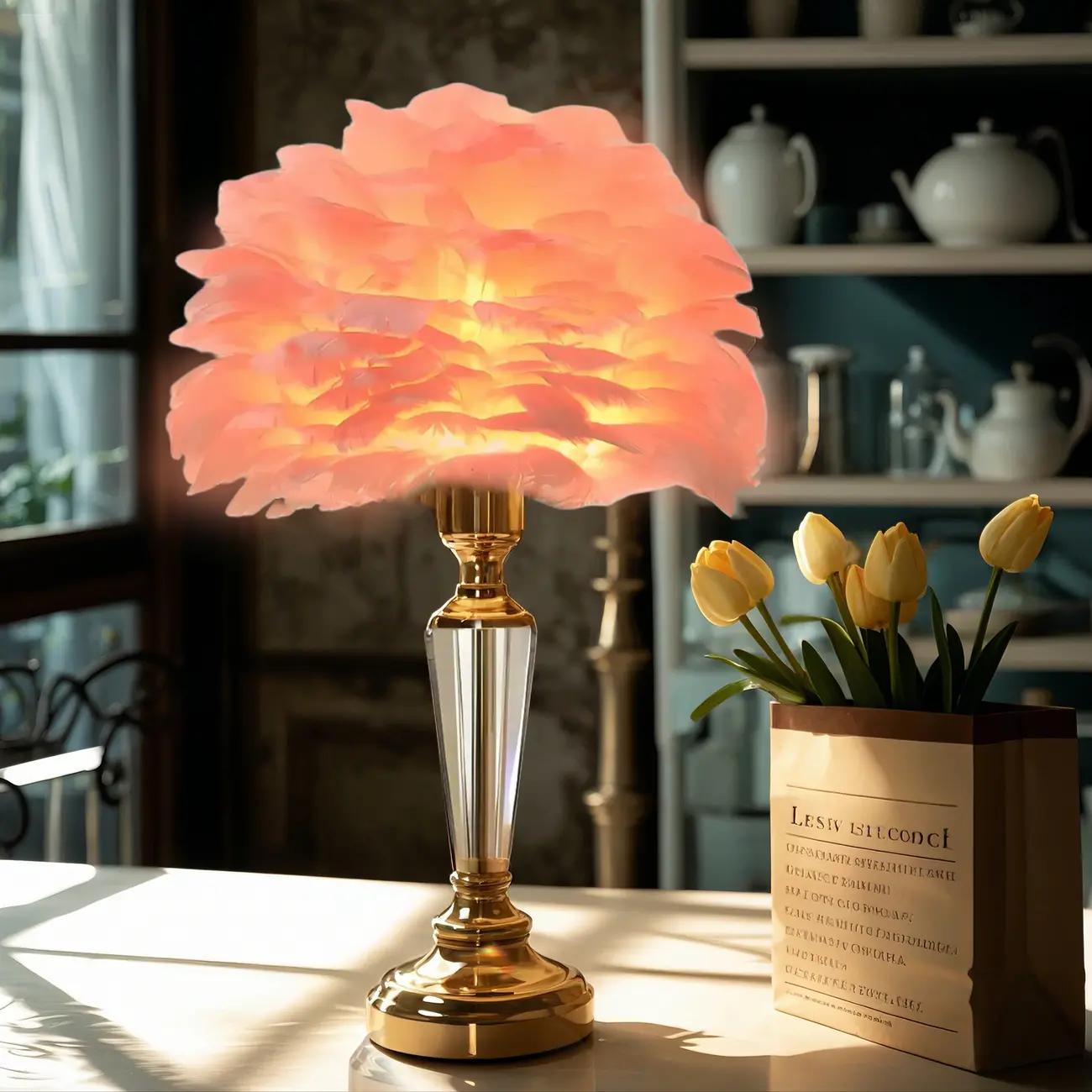 Elegant Pink Feather Shade Gold Crystal Bedside Table Lamp Image - 3 | homeyfad