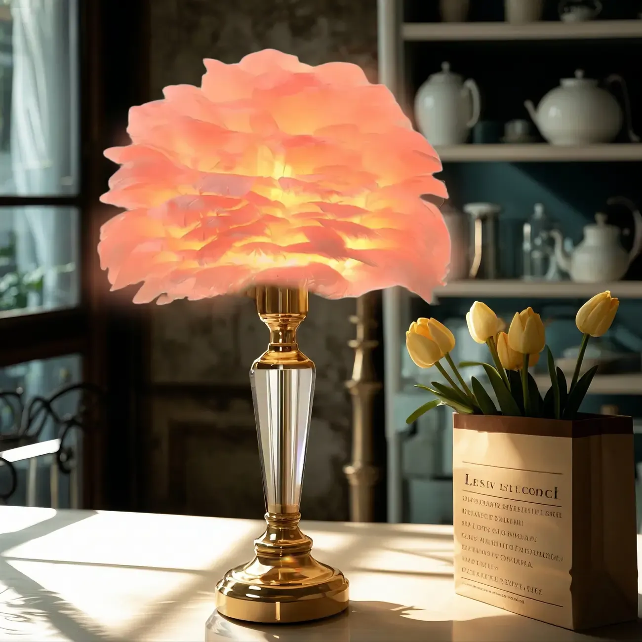 Elegant Pink Feather Shade Gold Crystal Bedside Table Lamp Image - 3