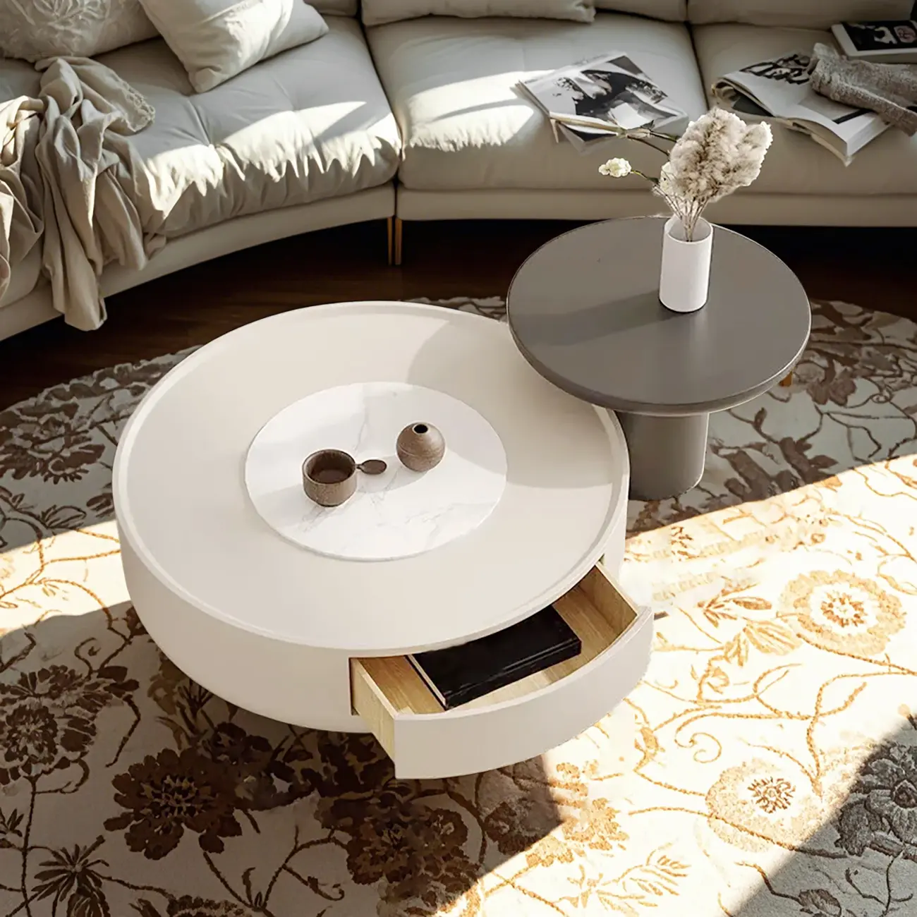White Stone Bunching Coffee Tables with Tray Tops and Storage Included Image - 2 | homeyfad